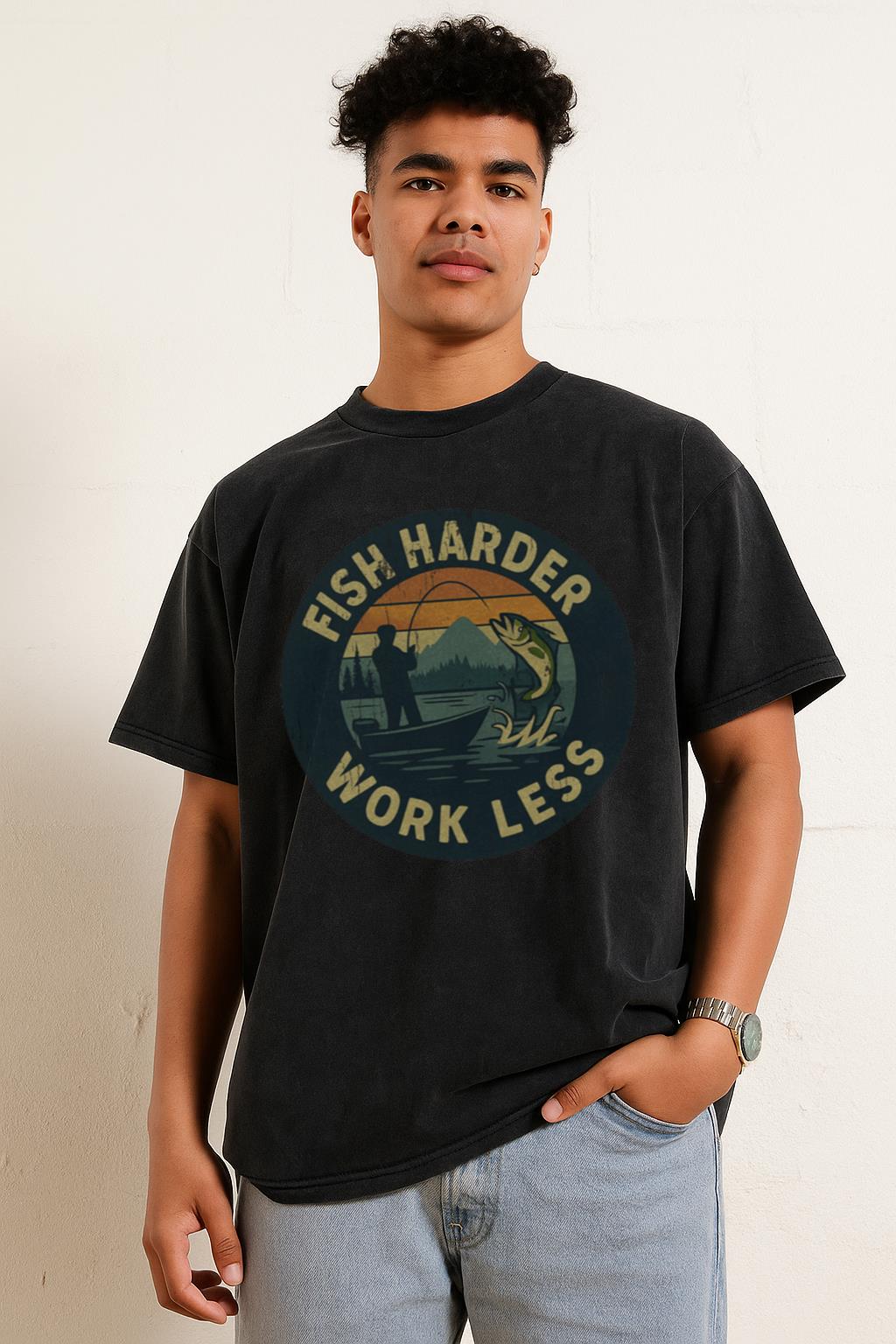 Funny Fishing T-Shirt | 'Fish Harder Work Less' Gift for Dads