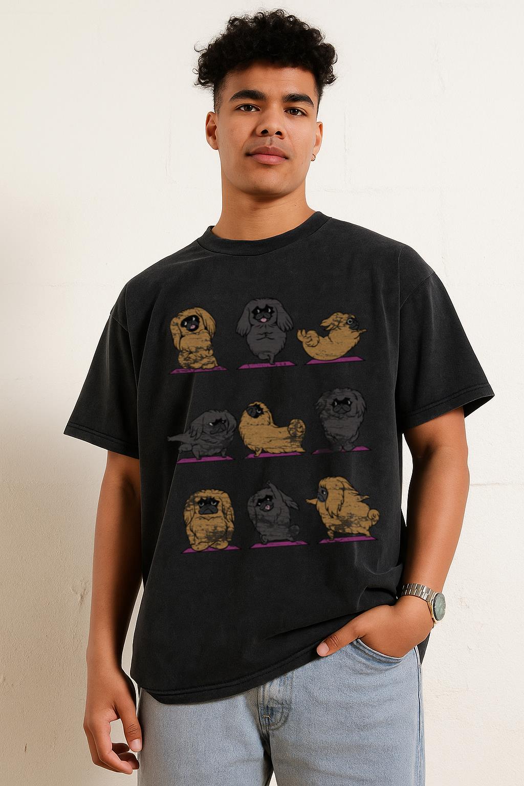 Pekingese Yoga T-Shirt | Funny Dog Yogi Acid Wash Tee